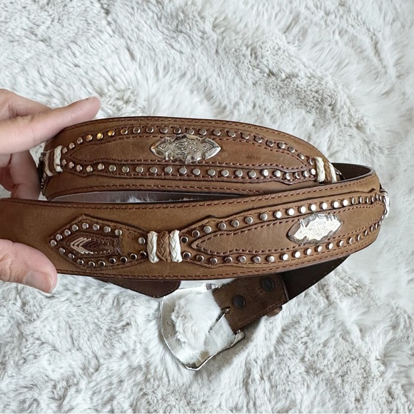 3-D Western Men’s 44 Brown Leather Studded Braided Belt Silver Buckle - Picture 2 of 9